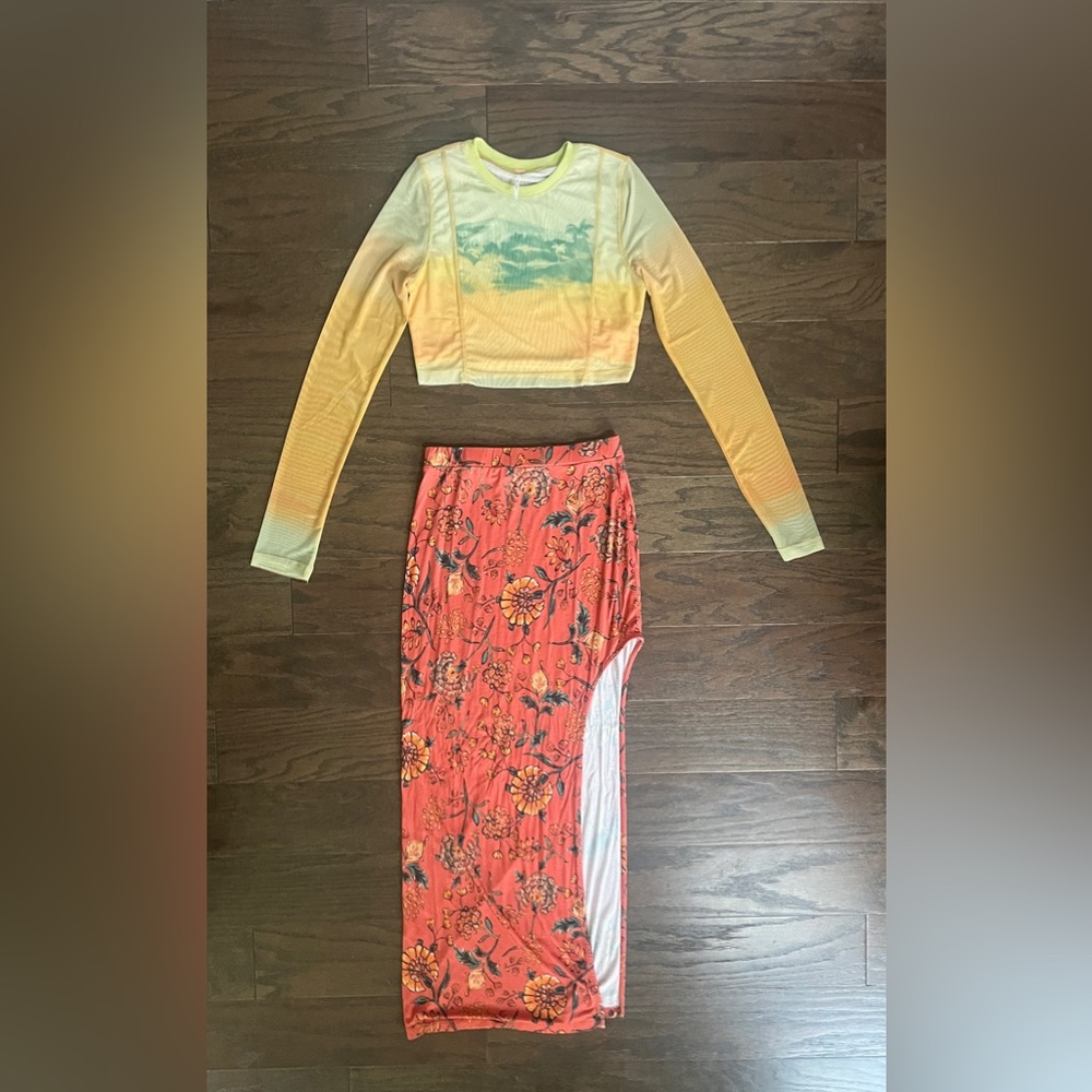 Free People Kellan Mesh Cropped top & High Slit Skirt - Picture 3 of 7